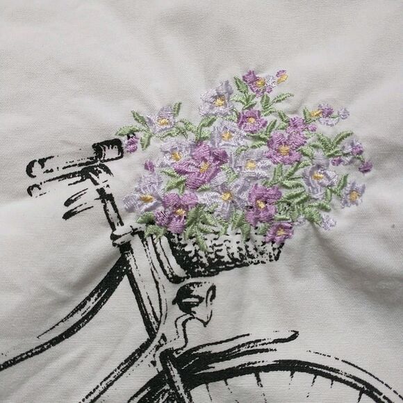 Laura Ashley Throw Pillow Cover Embroidered Floral Bike Bird Whimsical 20x20" - Picture 2 of 7